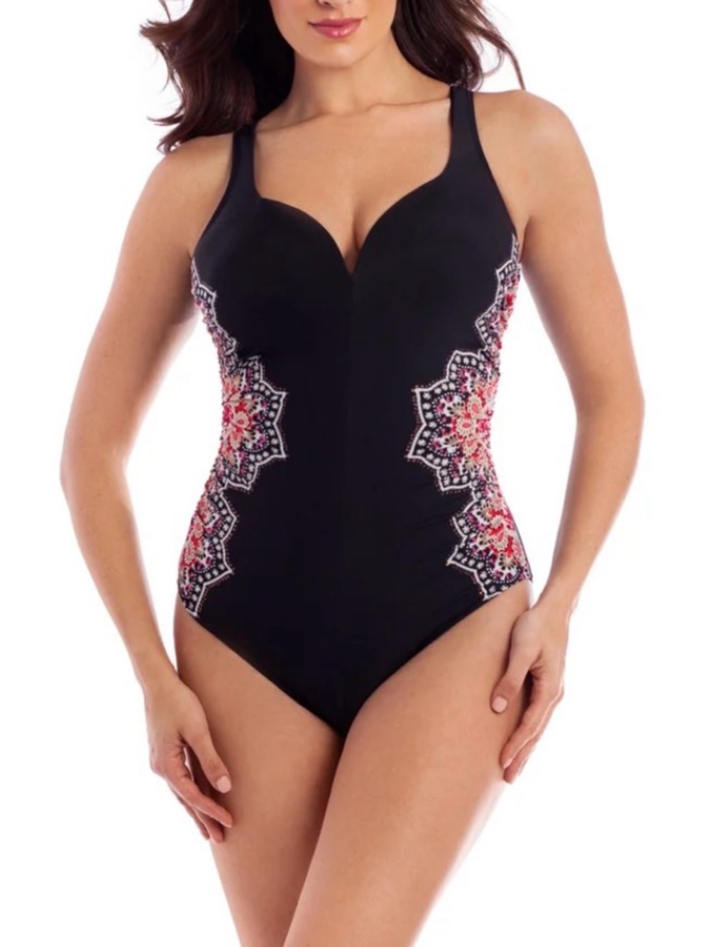 Miraclesuit Mandala Temptress One Piece Swimsuit Black and Floral Panel Size 12